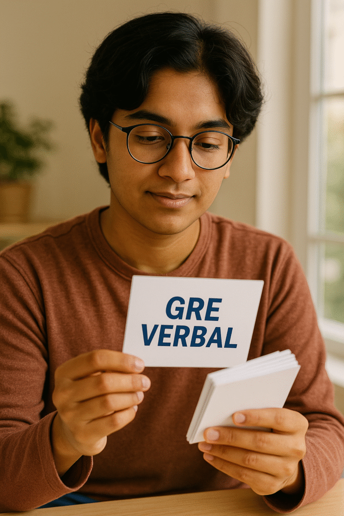 International student preparing GRE Verbal vocabulary with flashcards